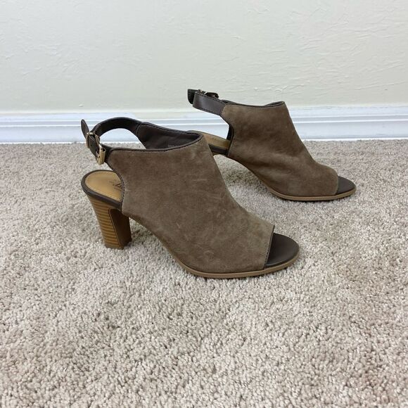 Bass Belted-Heel Open-Toe Suede Leather Booties - Brown - Picture 2 of 6